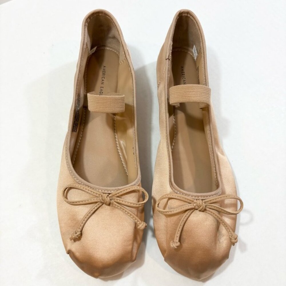 NEW American Eagle Satin Ballet Mary Jane Flats Size 10 Tan Brown 2023 Casual